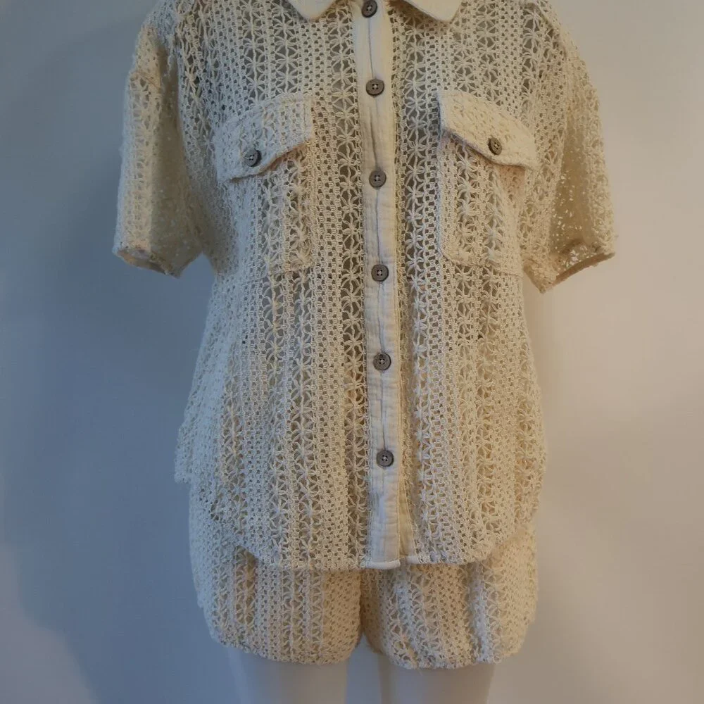 Women Benaar LA Jeiley Cream 2Pc Set Crochet Gauzy Contrast Collared Top Short M - Picture 9 of 13